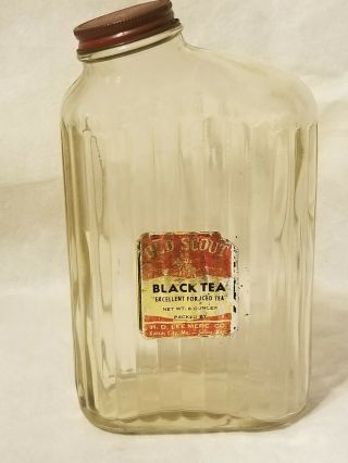 Rare Antique Hd Lee Mercantile Kansas City,  Mo Old Scout Black Tea Jar Glass