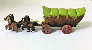 ANTIQUE VINTAGE 1940 - 50 ' s TOY COVERED WAGON TIN TOP WOOD BASE & HORSES 7 