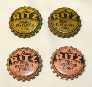 Rare Old Set Of 4 Ritz Soda Bottle Caps Cork Lined Grapefruit Pineapple