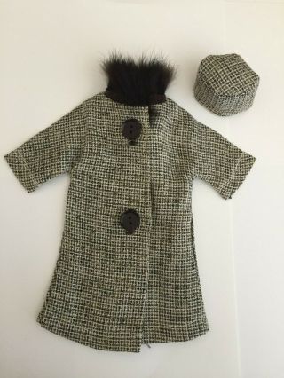 Vintage Barbie Clone " Tweed " Coat With Fur Collar And Hat - 60s