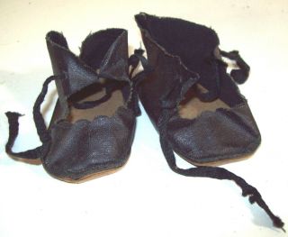 3 " Antique Black Painted Cloth Doll Shoes With Buckles Ties 1.  5 " Wide