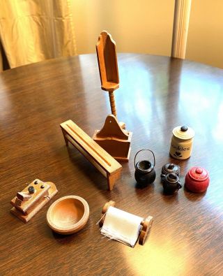 Vintage Wooden Dollhouse Miniature Accessories Kitchen Living Room