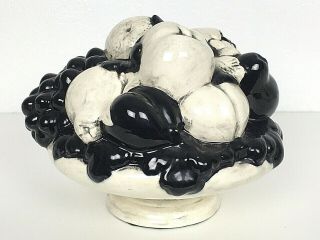 Rare Black & White Ceramic Fruit Bowl Basket Grapes Apples Pears Majolica? Mcm