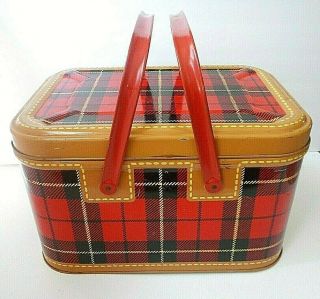 Rare Vintage Hamilton Skotch Red Plaid Tin Litho Picnic Basket Petra Cabot