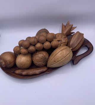 Vintage Mid Century Wooden Hand Carved Fruit And Platter