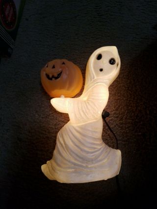 Rare Vintage 13 Inch Plastic Blow Mold Ghost Holding Pumpkin Halloween Light Up