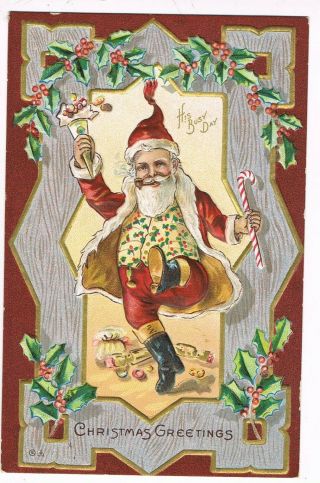 Antique Embossed Christmas Postcard Santa Claus,  " His Busy Day "