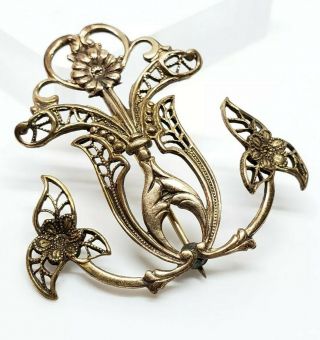 Elegant Antique Gold Gilt Brass Art Nouveau Repousse Floral Filigree Brooch Pin