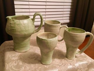 Rare Vintage Studio Art Pottery Pitcher And Mugs Signed " Mb "