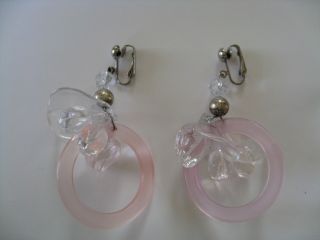 Vintage Rare Fun Acrylic Lucite Clip On Earrings Pink Clear Hoops And Berries