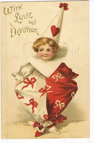 Antique Valentine Postcard Child Dressed As Clown,  " With Love And Devotion "