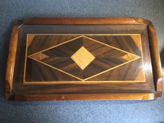 Art Deco Vintage Serving Tray Inlay Pattern Veneer Wooden Glass Top 58 X33 X3 Cm