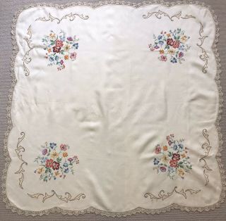 Vintage Heavily Hand Embroidered Spring Flowers Tablecloth Linen Daffodil Poppy 2