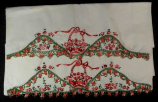 Fabulous Pr Vintage Wht Cot Pillow Cases Hand Embroidered W/crocheted Lace Trim