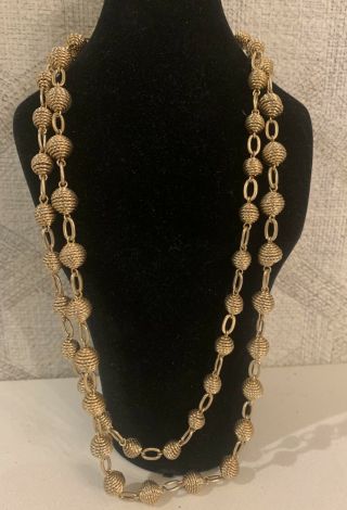 Vintage 2 Strand Gold Tone Textured Metal Beads Chain Link Necklace