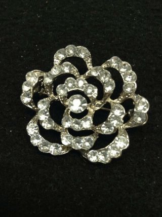 Vintage Antique Pin Brooch - Silver Tone Clear Stones Flower