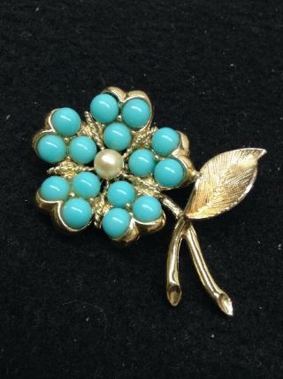 Vintage Antique Pin Brooch - Designer Signed Sarah Cov Turquoise Beads Flowers