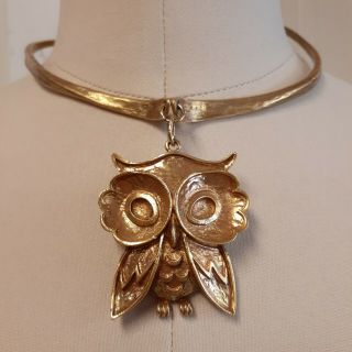 Vintage Coro Gold Tone Owl Necklace Choker Mid Century Modern Signed Rare