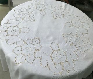 Antique Vintage White Linen Hand Embroidered Tablecloth Cutwork Lace