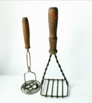 2 Antique Primitive Metal Twisted Wire Potato Masher Kitchen Wooden Handles