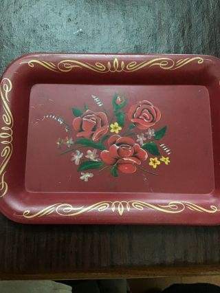 Vintage Hand Painted Folk Art Floral Toleware Tole Painting Tray.  5”x 7”.  Red