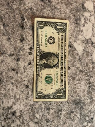 Very Low Serial Number Note One Dollar $1 Bill,  G 00006481 F Rare