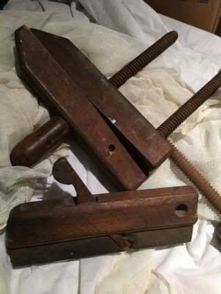 (3) Antique Wooden Tools 2 - Wood Hand Screw Wood Clamps 1 - Wood Plane