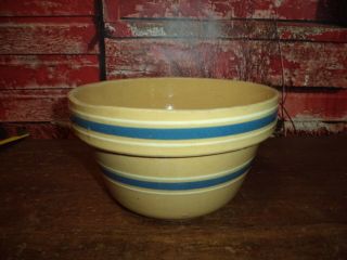 Antique Primitive Farm Rustic Stoneware Yellow Ware Blue Banded 7 " Mixing Bowl