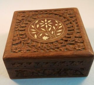 Vintage Carved Wood Inlay Jewelry Box