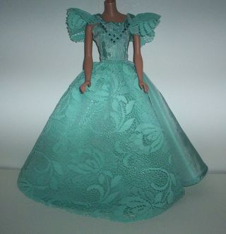 Barbie Vintage Style Homemade Turquoise Dress Gown With Lace & Beads