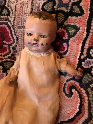 12 " Antique Early Metal Tin Head Doll Baby Stuffed Cloth Body And Outfit Tlc