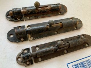 3 Large Antique Cast Iron And Steel Slide Deadbolts Surface Mount Latch 2