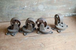 4 Rare Vintage Industrial Metal Cast Iron Caster Wheels Spins