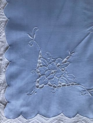 Vintage Table Cloth,  Hand - Embroidery,  Cut Work,  Scallops,  Sky Blue Cotton