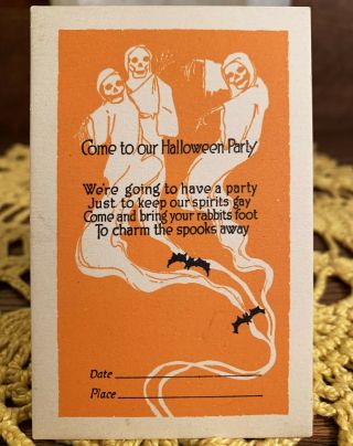 Near Rare Vintage Halloween Invitation With Ghouls,  Paper Ephemera