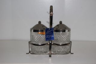 Vintage Leonard Crystal Condiment Jars W/silverplate Lids & Stand - England