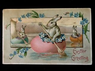 Cute Bunny Rabbit In Egg Rowboat With Flowers Antique Easter Postcard - B5