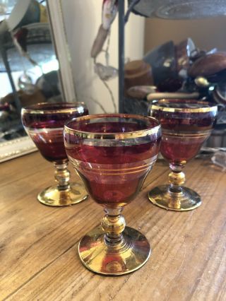 Antique Set Of 3 Small Red & Gold Glasses Very Charming Style Lovely