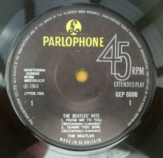 " Beatles Hits " Uk Rare Solid Centre 72/3 Ep Gramophone Co Rim Text