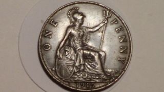 1919 H Penny.  Higher Grade.  Bold Reverse.  Rare Thus.  George V.  1911 - 1936.  British