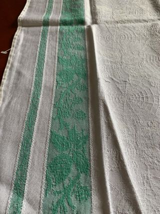 Vintage,  1940 ' s green and white traditional tablecloth,  linen damask,  45 x45 inch 3