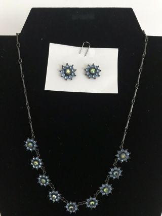 Vintage Avon Blue Rhinestone Flower Necklace And Earring Set 15 " To 18 "