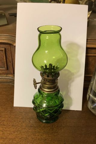 Vintage Miniature Green Glass Oil Lamp Lantern Antique Made In Hong Kong
