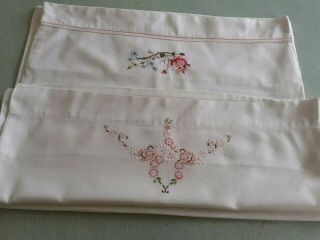2 Hand Embroidered White Cotton Vintage Pillow Cases