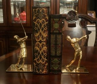 Rare Vintage Mcm Gatco Solid Brass Book Ends Golf Swing,  Man And Woman,