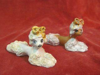 4 1/2 " Long Vintage Antique Clay Pottery Poodle Dog Figurines With Bows