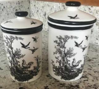 Aux Au Provence Black/white Toile Country Rooster Canisters Pair Farmhouse Rare