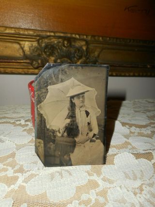 Antique Tintype Photo,  Pretty Woman,  Long Wavy Hair,  White Dress,  Umbrella,  Hat