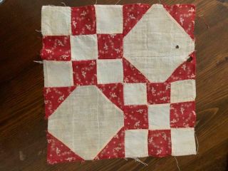 3 Antique Fabric Quilt Blocks Turkey Red Calico Snowball Primitive 9 "