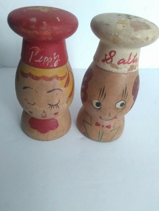 Vintage Antique Salty And Peppy Wood Wooden Salt And Pepper Shakers 3 "